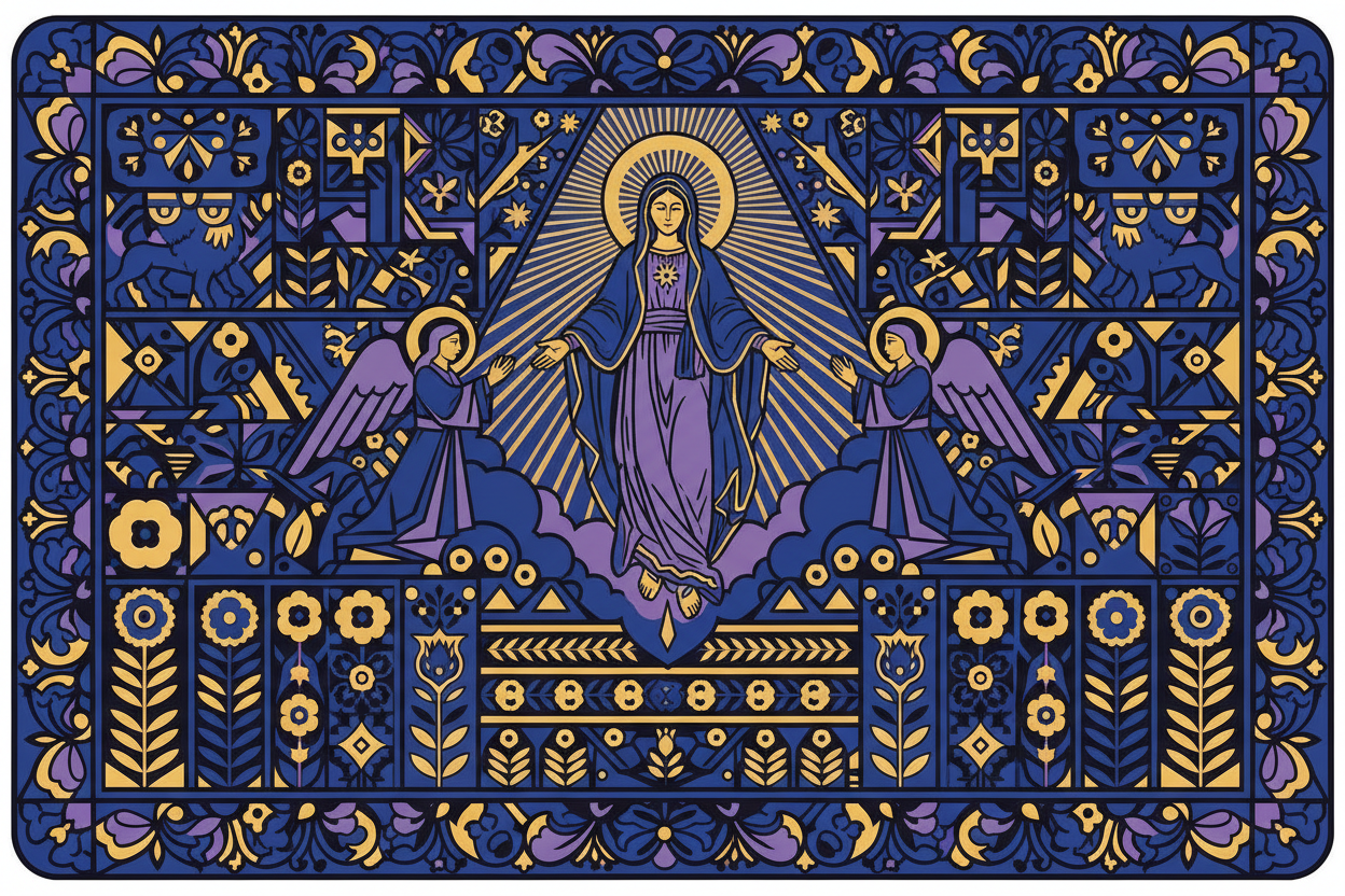 Immagine ricchissima di dettagli con decorazioni geometriche di piante e fiori e animali,  senza sfumature. L’immagine ritrae l'assunzione della vergine maria al cielo e non deve contenere scritte, il tono cromatico principale deve essere l'azzurro scuro, il giallo scuro e lilla. i bordi leggermente arrotondati con cornice molto decorata. Lo stile grafico deve assomigliare a quello di Shepard Fairey.