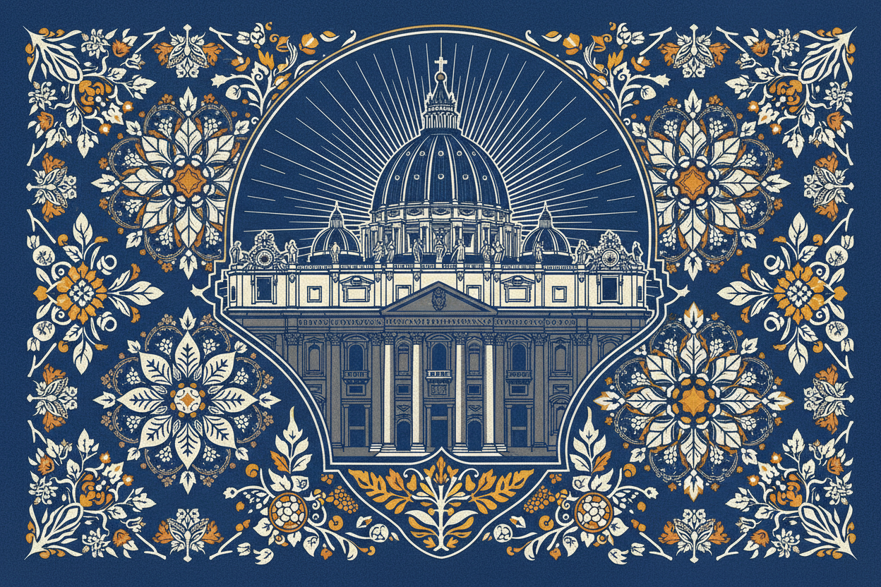 Immagine ricchissima di dettagli con decorazioni geometriche di piante e fiori,  senza sfumature. L’immagine ritrae La basilica di san pietro a Roma e non deve contenere scritte, il tono cromatico principale deve essere l'azzurro scuro. Lo stile grafico deve assomigliare a quello di Shepard Fairey.