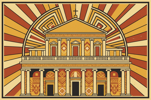 Immagine ricchissima di dettagli con decorazioni geometriche senza sfumature. L’immagine ritrae La basilica di Paolo  a Roma e non deve contenere scritte, il tono cromatico principale deve essere il giallo. Lo stile grafico deve assomigliare a quello di Shepard Fairey.