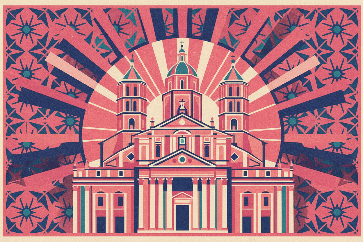 Immagine ricchissima di dettagli con decorazioni geometriche senza sfumature. L’immagine ritrae La basilica di santa maria maggiore a Roma e non deve contenere scritte, il tono cromatico principale deve essere il rosa. Lo stile grafico deve assomigliare a quello di Shepard Fairey.